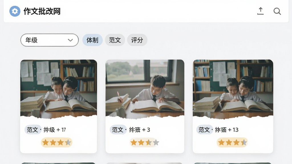 作文批改网 范文列表界面 年级筛选 体裁标签 范文卡片 评分星级 排版清爽 学习场景 画质干净