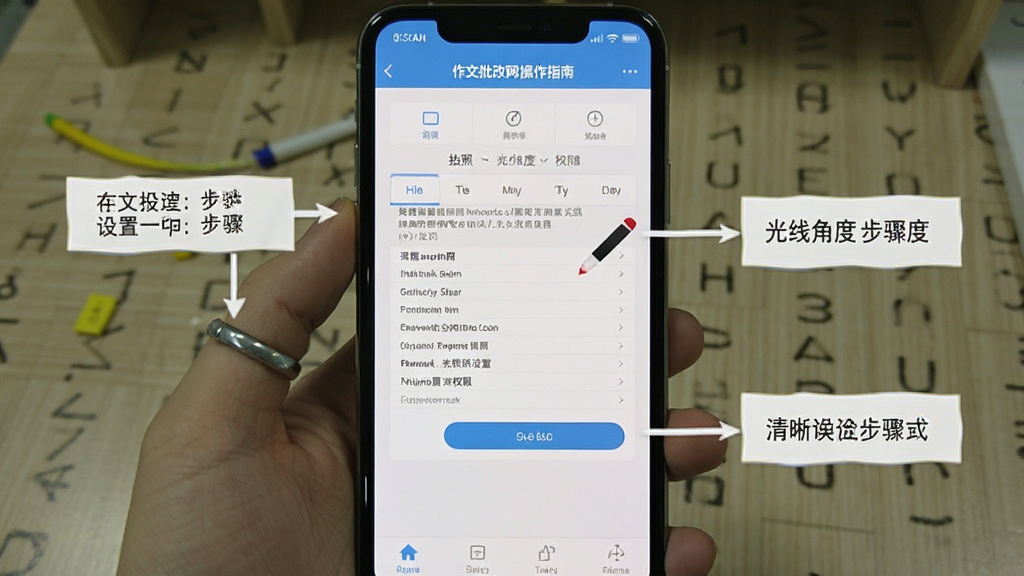 作文批改网 操作指南 手机截图 拍照示范 光线角度 权限设置界面 步骤标注 清晰明了 干净 无多余元素