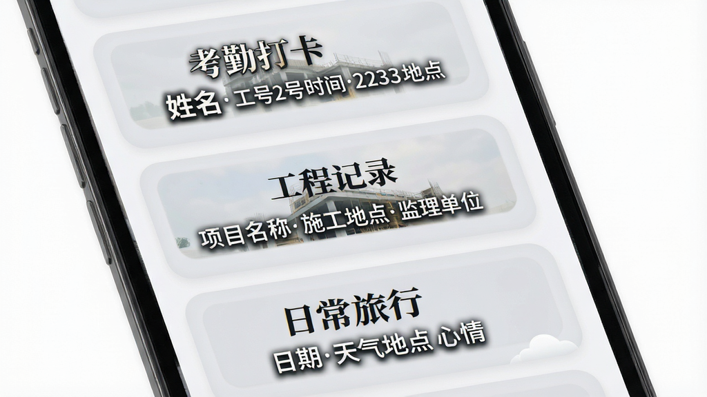 λ��ˮӡ�����ˮӡģ��ѡ����棬�ֻ���Ļ���ϵ����������ж��ˮӡ��ʽ��Ƭ��ÿ�ſ�Ƭ��չʾ��ͬ��ˮӡ��Ϣ��ϣ���һ�ſ�Ƭ��ʾ���ڴ�������������������ʱ��ص㣬�ڶ��ſ�Ƭ��ʾ���̼�¼������������Ŀ����ʩ���ص������λ�������ſ�Ƭ��ʾ�ճ������������������������ص����飬��Ƭ����Բ�Ǿ�����ƣ�����Ϊǳ��ɫ������������Ŀ�����沼�����룬����ִ���࣬���ʸɾ��޶���Ԫ��