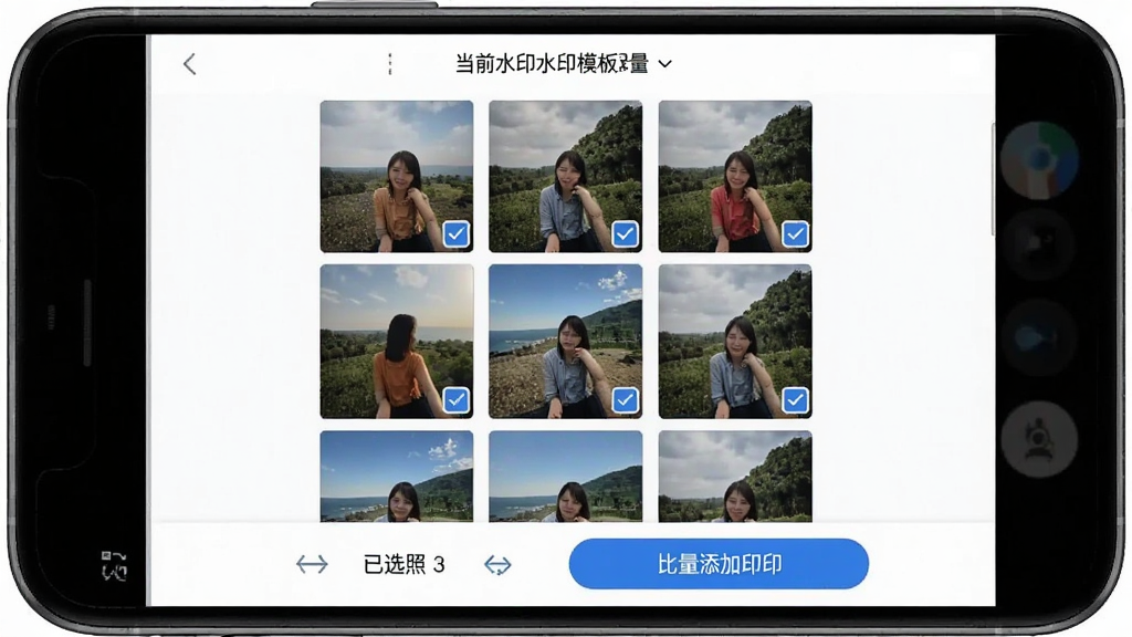 λ��ˮӡ�������������ˮӡ���棬�ֻ���Ļ��ʾ�Ź�����Ƭѡ����棬ÿ����Ƭ����ͼ����һ����ѡ�򣬵ײ���������ʾ��ѡ��Ƭ��������������ˮӡ��ť����Ļ�Ϸ���ʾ��ǰѡ�е�ˮӡģ�����ƣ����汳��Ϊ��ɫ����ťΪ��ɫԲ����ƣ���Ƭ����ͼ���������岼�ֺ���������Լʵ�ã����ʸɾ��޶���Ԫ��