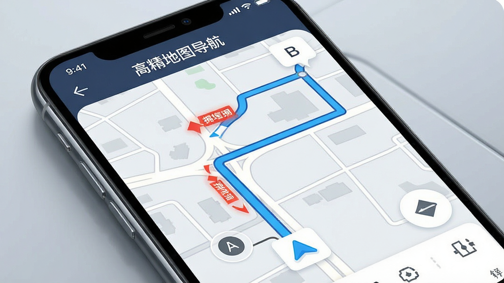 һ��չʾ�߾���ͼ����App·�߹滮���ܵ�ͼƬ���������ֻ���Ļ����Ļ����ʾһ����A�㵽B��ĵ���·�ߣ�·������ɫ������ע����;��ӵ��·�κ�ɫ��ʾ�����涥���С��߾���ͼ���������֣������������Ű��࣬���Ϊ�ִ��Ƽ��У�ϸ�ھ��£����ʸɾ��޶���Ԫ��