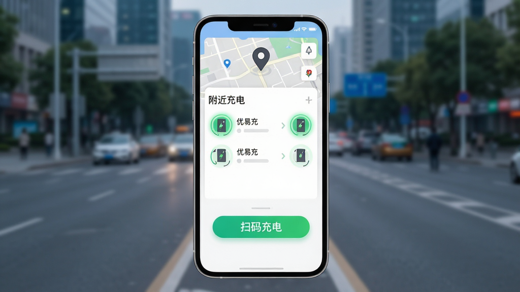 一张手机屏幕展示优易充软件主界面的图片,画面主体是手机,布局为上方显示地图定位图标和附近充电桩列表,中间是醒目的扫码充电按钮,排版简洁清晰,风格现代科技感,细节上充电桩图标带有绿色能量光圈,背景是城市道路虚化,画质干净,无多余元素,无文字乱码。
