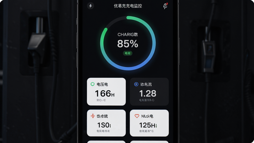 一张展示优易充充电监控界面的图片,画面主体是手机屏幕,布局上方是环形进度条显示充电百分比,中间是电压电流数据卡片,排版纵向排列,风格极简科技风,细节上数字清晰可见,背景是深色模式,画质细腻,无多余元素。