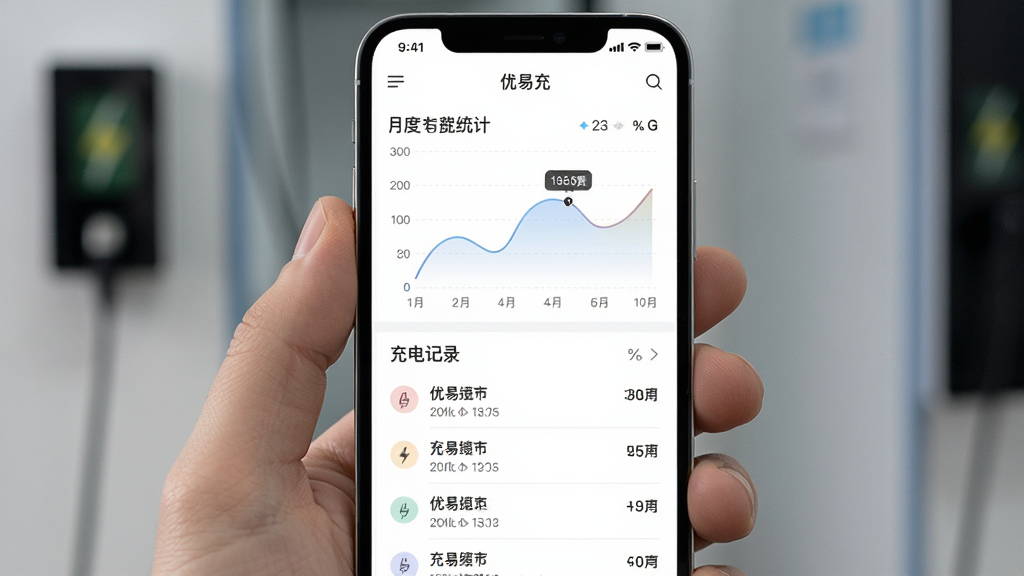 一张展示优易充充电账单统计页面的图片,画面主体是手机屏幕,布局上方是月度消费折线图,下方是充电记录列表,排版整齐,风格商务简约,细节上图表颜色柔和,数据标签清晰,背景为白色,画质干净,无多余元素。
