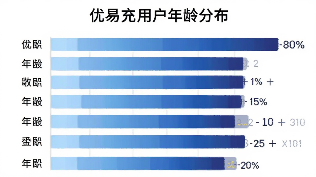 一张展示优易充用户年龄分布柱状图的图片,画面主体是数据图表,布局为横向柱状图,排版左侧是年龄段标签,右侧是百分比数值,风格扁平化信息图,细节上柱子颜色渐变从浅蓝到深蓝,背景为白色,画质干净,无多余元素。