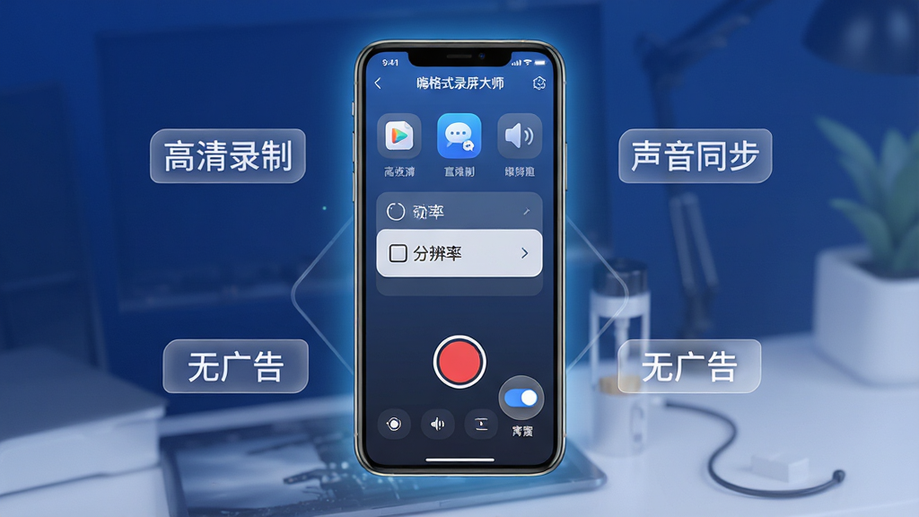 ���廭���ԡ��˸�ʽ¼����ʦ���ֻ�APP����Ϊ����չʾ���壬�����Ǽ�������ɫ���䣬��������������һ�������ֻ����ֻ���Ļ������չʾAPP�����棬����������Ŀ�ĺ�ɫԲ��¼�ư�ť���ֱ���ѡ��˵�������������ͼ�꣬��Χ�����š�����¼�ơ�������ͬ�������޹�桱�Ȱ�͸����ǩ�����岼�־��жԳƣ�����ִ��Ƽ��У�ϸ�����ֻ���Ե����΢���Σ�����ͼ��Բ�����������ʸɾ��������޶���Ԫ�ء�
