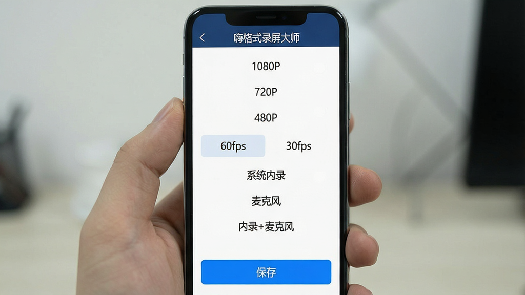 ����չʾ���˸�ʽ¼����ʦ�������ý��棬�ֻ���Ļ���������г��ֱ���ѡ�1080P����720P����480P�����·���֡��ѡ�60fps����30fps�������·���������Դѡ�ϵͳ��¼������˷硱����¼+��˷硱������ײ�����Ŀ����ɫ�����桱��ť�����岼���������У��������ˬ��ϸ����ѡ�����������ɱ棬���ʸɾ��޶���Ԫ�ء�
