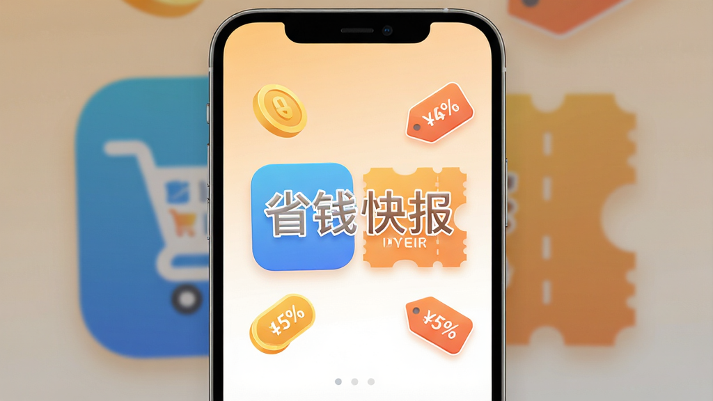 一张手机应用界面截图,中间是购物车和优惠券图标,旁边散落金币和折扣标签,背景是浅橙到白色的渐变,风格现代扁平,细节圆润,画质干净无多余元素,图片中央写“省钱快报”四个字。