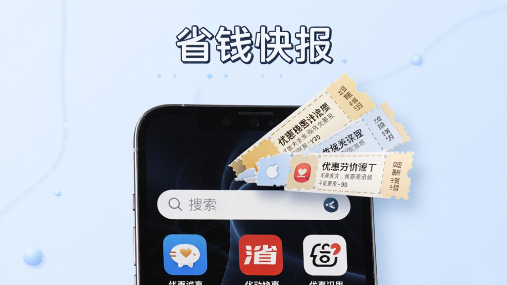 手机屏幕显示搜索框和多个电商平台图标排列在下方,一条条优惠券信息从屏幕中弹出,背景是淡蓝色,风格简洁科技感,细节清晰,画质干净,图片上方写“省钱快报”。