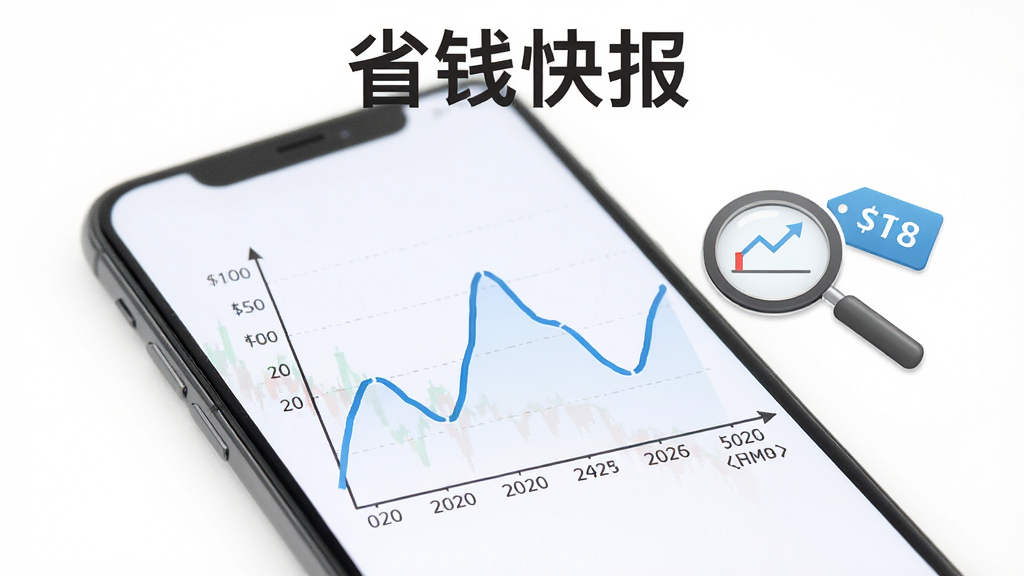 手机屏幕显示一条折线图,横轴是日期,纵轴是价格,曲线有高有低,旁边有放大镜和价格标签图标,背景是白色,风格商务简洁,细节清晰,画质干净,图片上方写“省钱快报”。