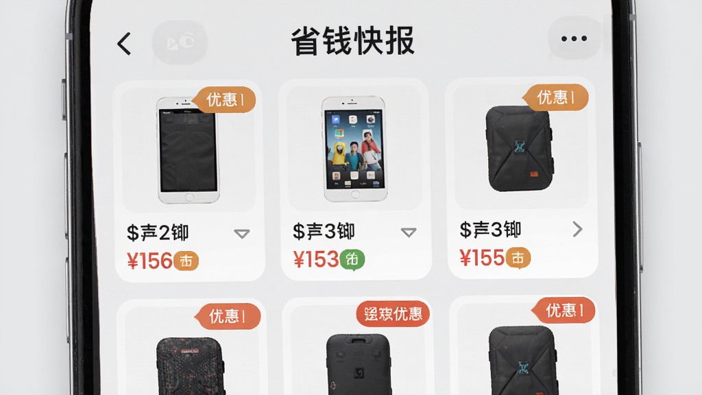 手机界面显示网格状商品卡片,每张卡片上有商品图、价格和优惠标签,背景是浅灰色,风格清爽,细节规整,画质干净,图片顶部写“省钱快报”。