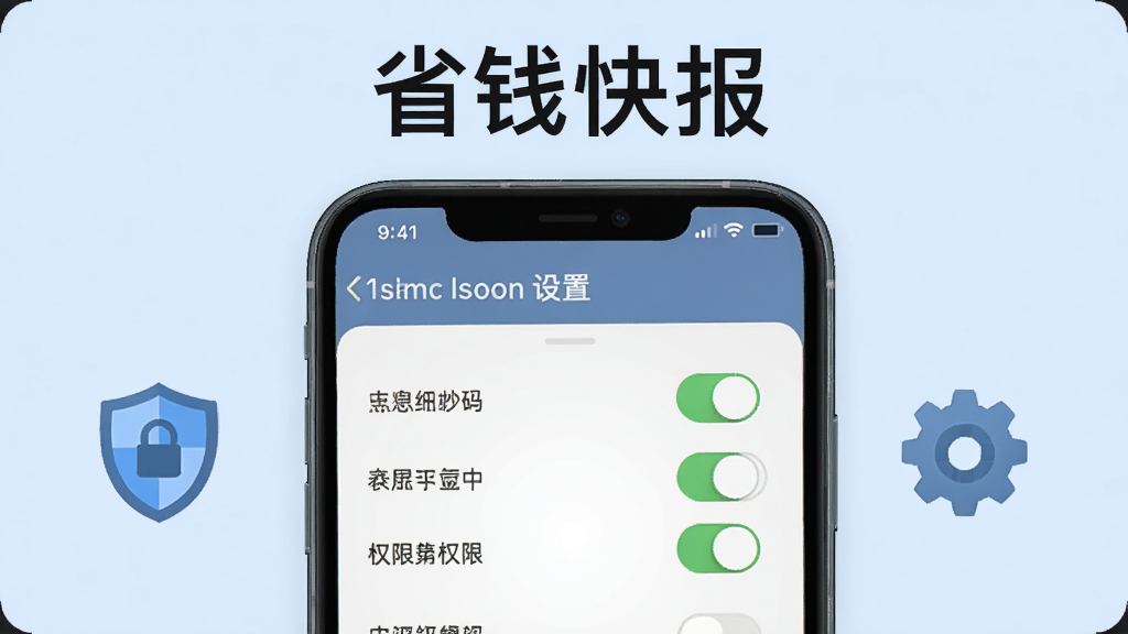 手机屏幕显示设置菜单和权限开关列表,旁边有盾牌图标和齿轮图标,背景是浅蓝色,风格简洁,细节清晰,画质干净,图片上方写“省钱快报”。