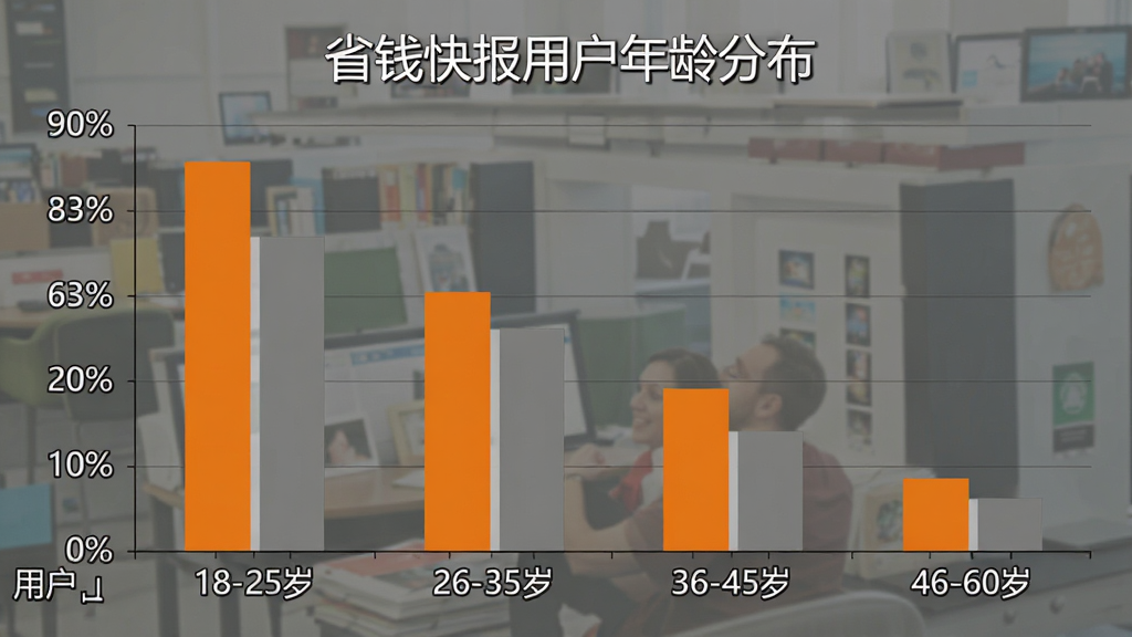 一张柱状图,横轴是年龄段“18-25岁”“26-35岁”“36-45岁”“46-60岁”,纵轴是用户占比百分比,柱子高度依次递减,配色是橙色和灰色,风格简洁数据可视化,细节清晰,画质干净,图片上方写“省钱快报用户年龄分布”。