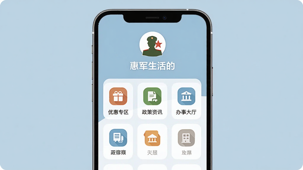 手机屏幕中显示一个名为惠军生活的App主界面,顶部有军人剪影和五角星标志,中间是整齐排列的服务图标,包括优惠专区、政策资讯、办事大厅,背景是温暖的浅蓝色,界面干净整洁,风格现代扁平,画质清晰无多余元素