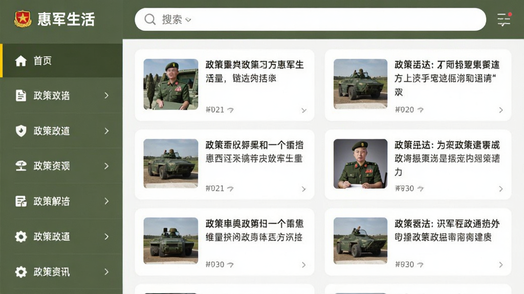 惠军生活App的政策资讯页面截图风格,左侧是分类导航栏,右侧是卡片式排列的政策解读文章,顶部有搜索框,界面以军绿色和白色为主,排版整齐,风格简洁大气,画质清晰无杂乱元素