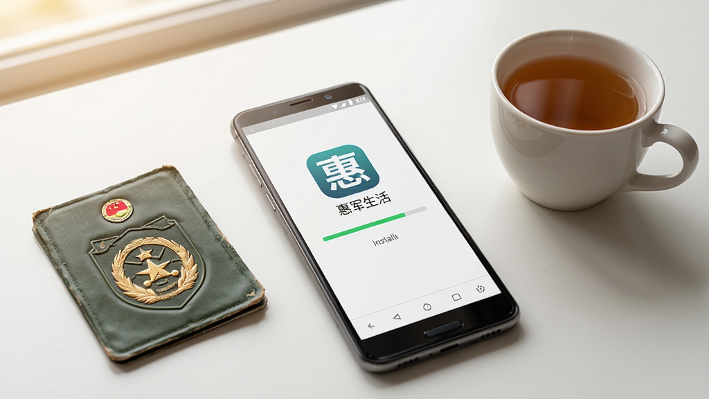 一部安卓手机正在安装惠军生活App,屏幕上显示安装进度条和“惠军生活”图标,旁边放着军人证件和一杯茶,桌面整洁,光线柔和,风格生活化,画质清晰无多余元素