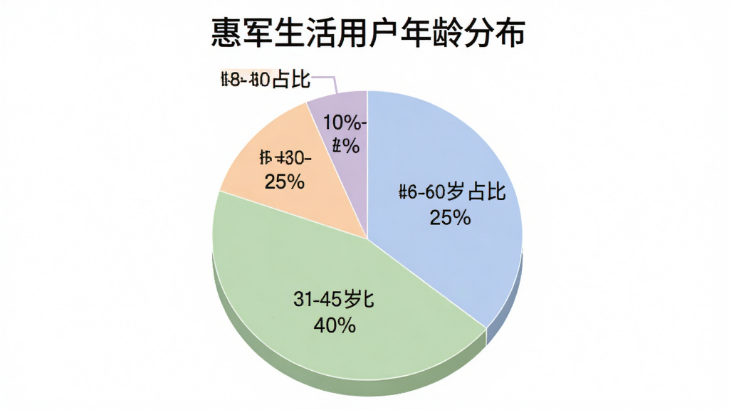 一个彩色的饼状图,标题为“惠军生活用户年龄分布”,图表分为四块,分别标注18-30岁占比25%,31-45岁占比40%,46-60岁占比25%,60岁以上占比10%,配色柔和清晰,背景干净,风格简洁商务