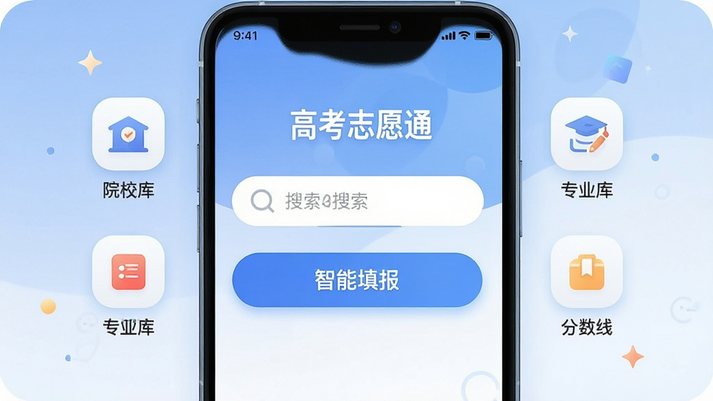 һ��չʾ�ֻ�Ӧ�ý����ͼƬ����������Ϊ���߿�־Ըͨ����APP����Ļ����������Ϊ��������������ť����Χ������ԺУ�⡢רҵ�⡢�����ߵ�ͼ�꣬�Ű��������򣬷���ִ���ƽ����ϸ��Բ�󣬻��ʸɾ��޶���Ԫ�أ�����Ϊ��͵����׽��䡣