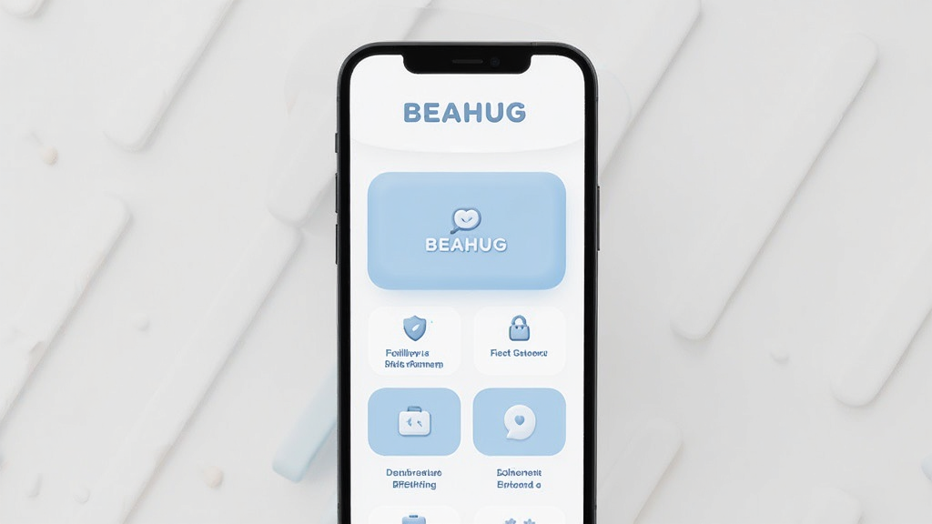һ��չʾBEAHUGӦ���������ͼƬ�������������ֻ���Ļ����Ļ����ʾBEAHUG�ļ����ҳ�������С�BEAHUG�������������԰�ɫ��ǳ��ɫΪ�������ָɾ�������ִ���ƽ��ϸ��Բ�󣬻����������޶���Ԫ��