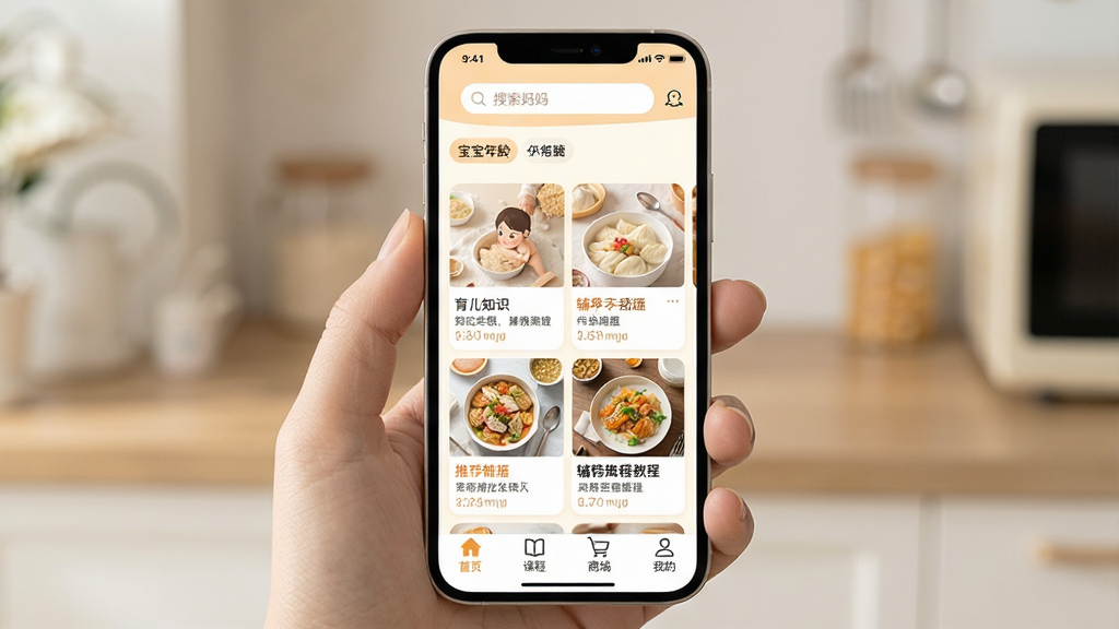 �������APP��ҳ����չʾ������������һ�������ֻ�����Ļ��ʾ�������Ӧ�õ���ҳ���������������ͱ��������ǩ���м���ͼ�Ĳ�ï������֪ʶ��Ƭ�͸�ʳ�̳��Ƽ����ײ�����������ҳ���γ̡��̳ǡ��ҵ��ĸ�ͼ�꣬����ɫ����ů������װ׺�ǳ��Ϊ����������¼�Լ������ɾ����࣬�����������޶���Ԫ��