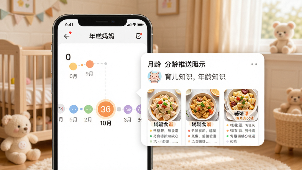 �������APP�������͹���չʾ��������һ���ֻ���Ļ��ʾ�����ɳ�ʱ���ᣬ��0�µ�36���ò�ɫԲ�����ӣ���ǰ�·ݸ�����ʾ���Աߵ�����Ӧ���������֪ʶ��Ƭ�͸�ʳʳ������ͼ����������ܰ��Ӥ���������������ů���������ʸɾ����޶���Ԫ��