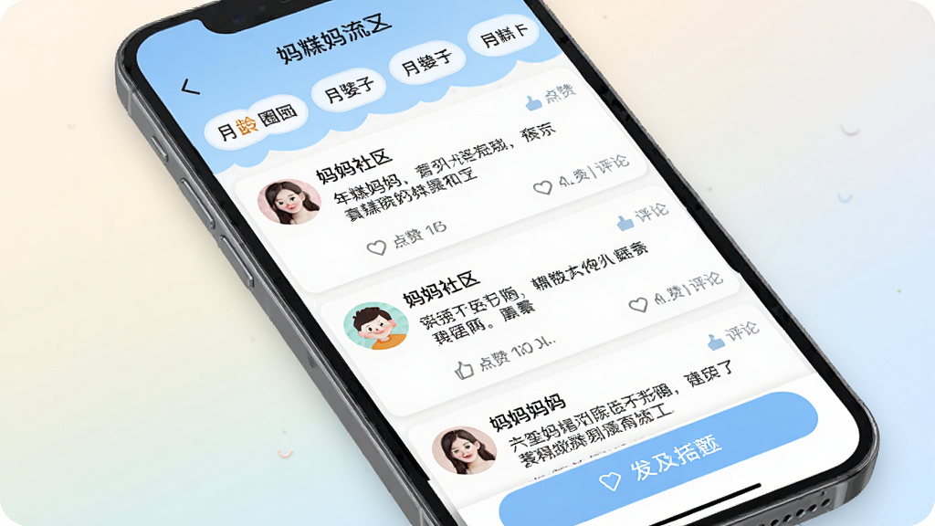 �������APP������������չʾ���ֻ���Ļ��ʾ�������������б���ÿ���������û�ͷ���������ݺ͵����������������в�ͬ����Ȧ�ӵı�ǩ�����ײ��з�����ť����������͵�ǳɫ���䣬��������Ѻã������������޶���Ԫ��