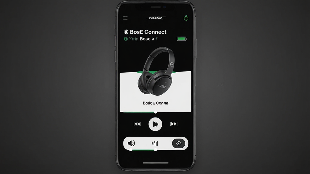 Bose ConnectӦ��������չʾ������������һ�������ֻ���Ļ����Ļ����ʾBose ConnectӦ�õ���ҳ�������Ժ�ɫ�Ͱ�ɫΪ��ɫ����������ʾ�����ӵ�Bose�������ƺ͵���ͼ�꣬�м��Ƕ�����ƷͼƬ������״̬���·����������ֲ��ſ��ơ��������ڡ�����ģʽ�л��ȹ��ܰ�ť�����������ɫ���䣬���������ִ���UI��Ʊ�ƽ�����������������ʸɾ��޶���Ԫ��