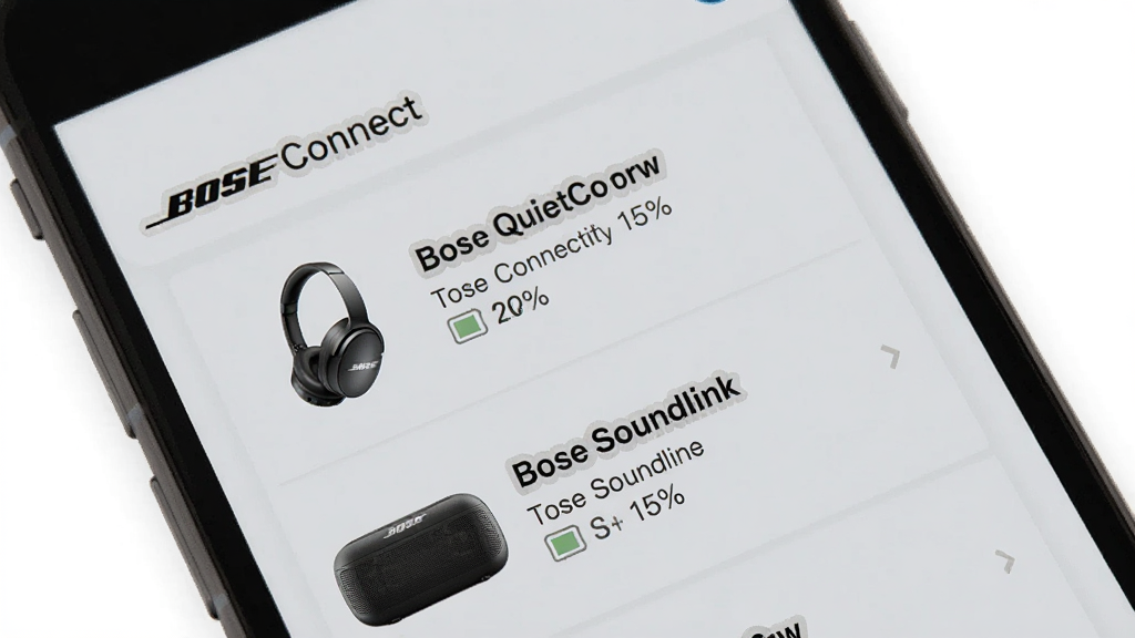 Bose Connect���豸��������չʾ��һ���ֻ���Ļ��ʾӦ����������豸�б����б��а���Bose QuietComfort������Bose SoundLink���������豸ͼ�꣬ÿ���豸�Ա���ʾ����״̬�͵����ٷֱȣ����汳��Ϊǳ��ɫ������Ϊ��ɫ���������࣬����Լ�ִ������ʸɾ��޶���Ԫ��
