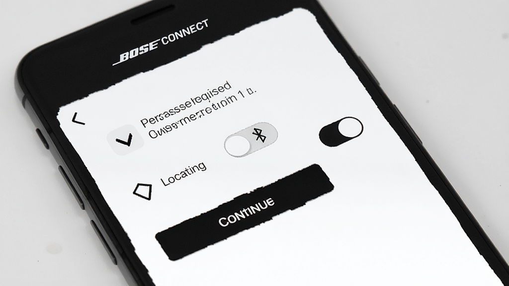 Bose Connect����������������չʾ���ֻ���Ļ��ʾӦ��Ȩ������ҳ�棬ҳ�����������Ͷ�λȨ�޵Ŀ��ذ�ť���·��м�����ť��������ɫΪ�ڰף�������Bose Connect��logo�������������ˣ����ʸɾ��޶���Ԫ��