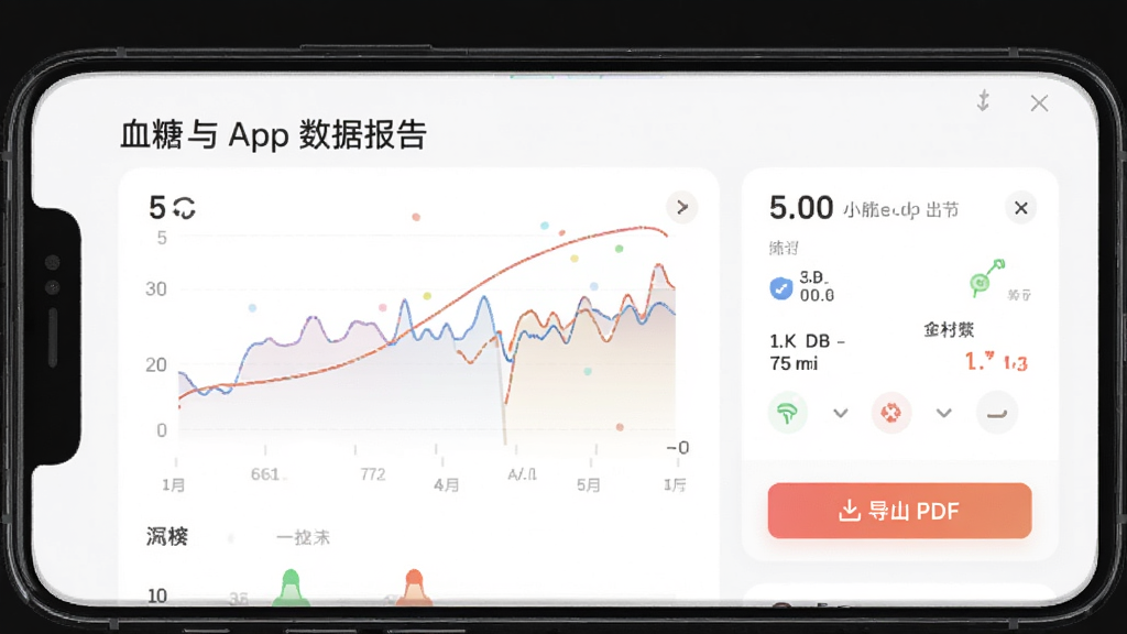 ����app���ݱ���ҳ�棬�ֻ���Ļ��ʾѪ�ǲ������ߺ�ͳ��ժҪ���·��е���PDF��ť�������ǰ�ɫ��Ƭʽ���֣�ͼ��ɫ����ͣ�������רҵ���׶������ʸɾ��޶���Ԫ��