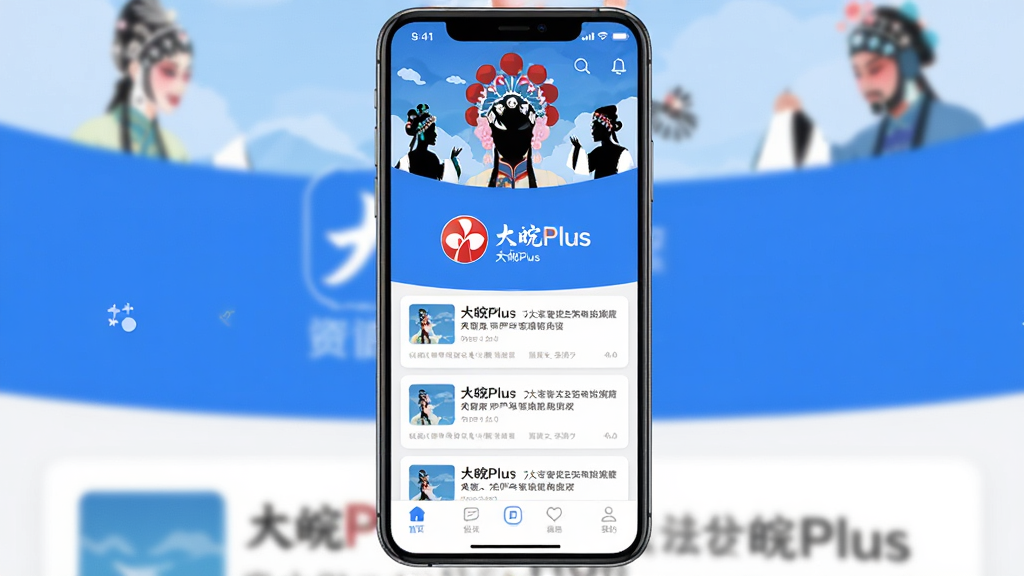大皖Plus应用主界面全貌展示,手机屏幕中央显示大皖Plus的Logo和名称,界面以蓝白配色为主,顶部是安徽地域特色的黄梅戏人物剪影装饰,中间是资讯信息流卡片,底部是导航栏,画面风格清新现代,扁平化设计,画质干净清晰无多余元素