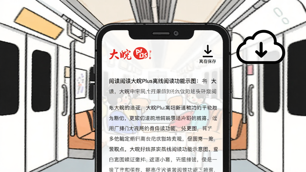 大皖Plus离线阅读功能示意图,手机屏幕显示大皖Plus文章阅读界面,右上角有下载缓存图标,旁边有一个云朵和向下箭头的符号表示离线保存,背景是地铁车厢或电梯场景的简笔插画,风格轻松明快,画质清晰无多余元素