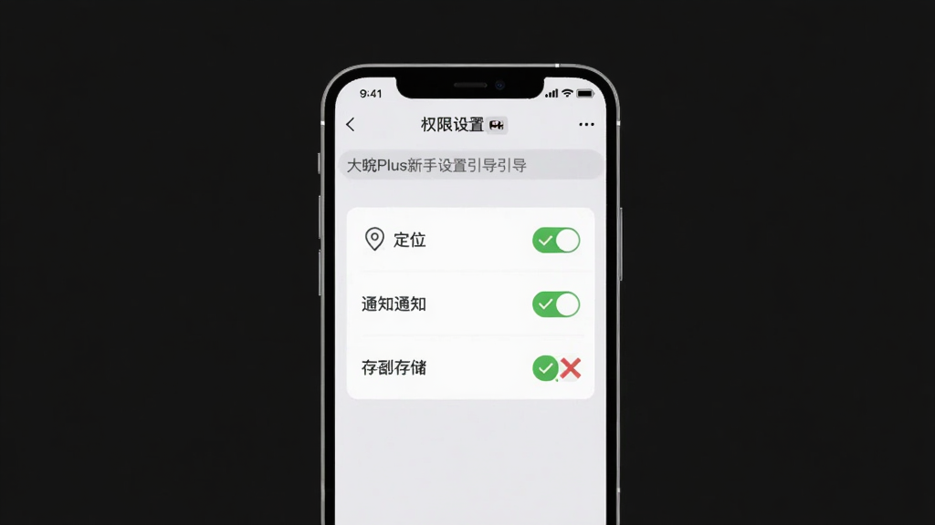 大皖Plus新手设置引导图,手机屏幕展示大皖Plus的权限设置界面,页面上有定位通知存储三个权限开关的示意,旁边配有对勾和叉号的图标说明,背景是浅灰色,风格干净直观,画质清晰无多余元素