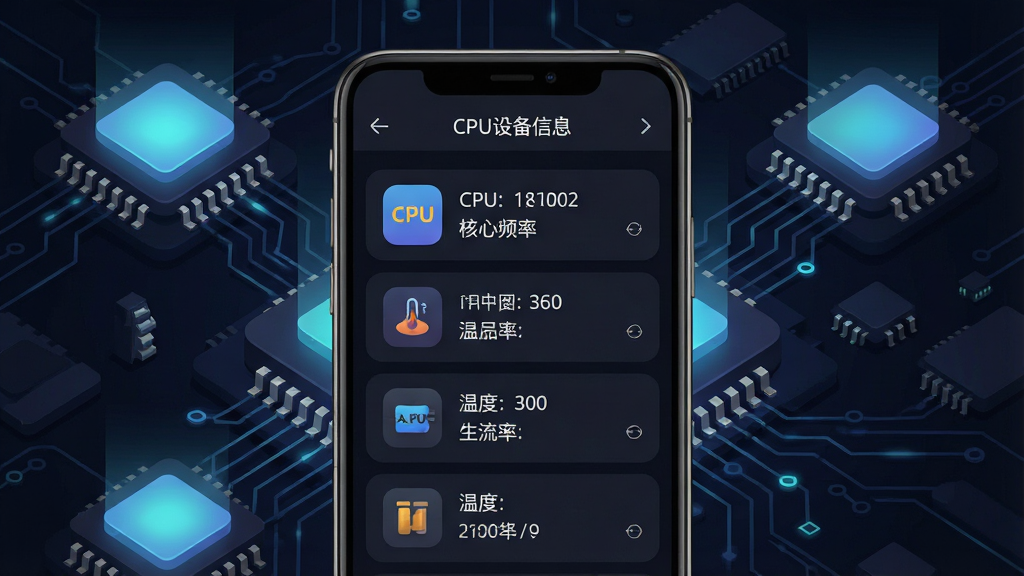 һ��չʾCPU�豸��Ϣ�����������ͼƬ�������������ֻ���Ļ��ͼ����Ļ��������ʾ��CPU�豸��Ϣ�����������ƺ�CPU�ͺš�����Ƶ�ʡ��¶ȵ�Ӳ������ͼ�꣬����Ϊ��ɫ�Ƽ������Χ�����ŷ����оƬ�͵�·��Ԫ�أ����ּ�࣬����ִ���ƽ��ϸ��Բ�󣬻��ʸɾ��޶���Ԫ��