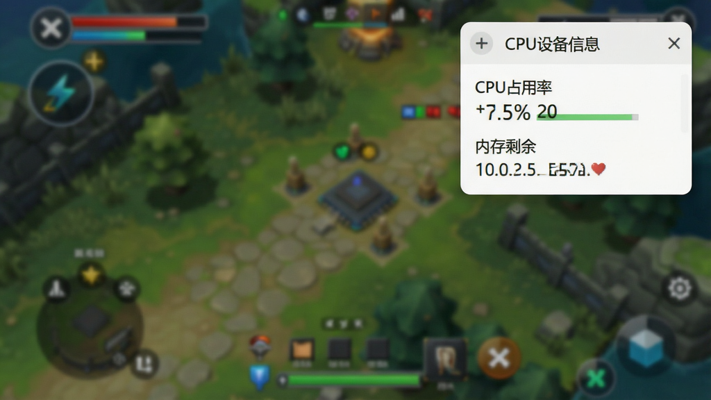 һ��չʾCPU�豸��Ϣ�������������ܵ�ͼƬ������Ϊ�ֻ���Ϸ�������Ͻ�������һ��С���ڣ�������������ע��CPU�豸��Ϣ�������Լ�CPUռ���ʰٷֱȺ��ڴ�ʣ����ֵ������Ϊ��Ϸ�����黯������ֱ�ۣ�����ִ���ƽ�����ʸɾ��޶���Ԫ��