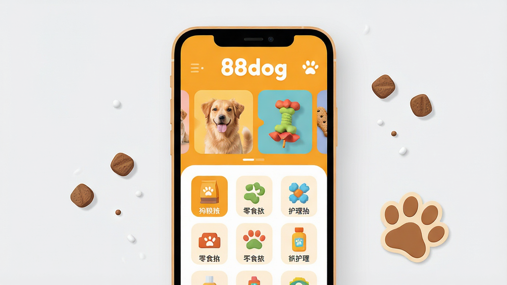 ��������ȫòչʾ������������һ���������ֻ���Ļ����Ļ����ʾ��88dogӦ�õ������棬�����С�88dog������Ŀ���ֱ�ʶ�����沼�ַ�Ϊ���������֣��ϰ벿���ǹ������չʾ������ʳ����ߵ�ͼƬ���°벿�����������е���Ʒ����ͼ�꣬������������ʳ����ߡ������ȣ�����������ů���õĳȻ�ɫ���������Ǹɾ���ǳ��ɫ���ֻ���Χɢ���ż��Ź���������һ����צӡװ�Σ�����������ϸ��Բ���޶���Ԫ�أ��ɾ���ˬ�ı�ƽ����Ʒ��