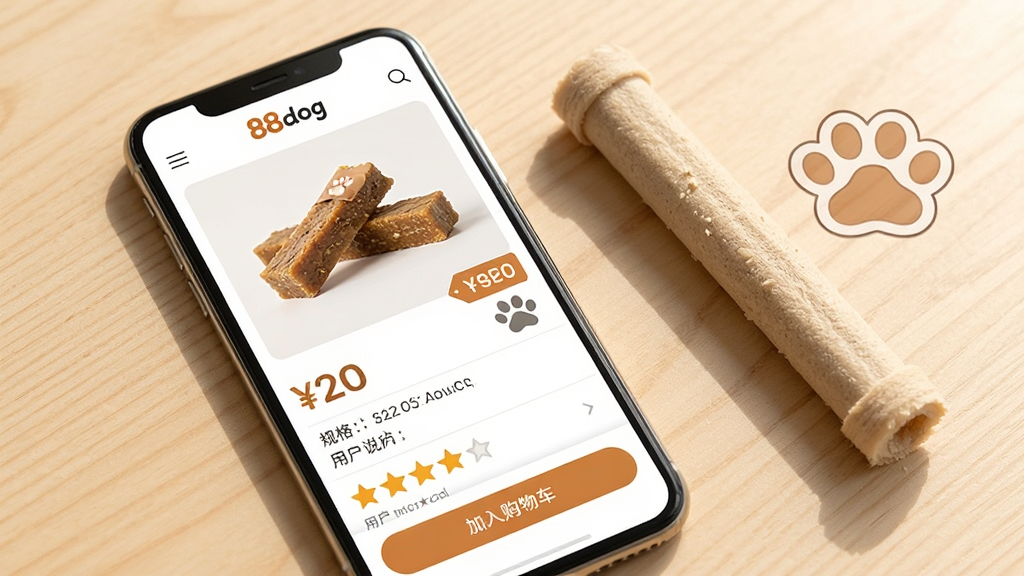 88dogӦ������Ʒ����ҳչʾ������������һ���ֻ�����Ļ����ʾ��һ�������ʳ������ҳ�棬�����С�88dog����ʶ��ҳ���а����������ʳʵ���ͼ���۸��ǩ�����˵�����û������Ǽ����·��С����빺�ﳵ����ť���ֻ��Ա߷���һ����ʵ��ĥ������һֻ��ͨ��צӡ��������ǳľɫ���棬����������ͣ���������ܰ��ʵ�����ʸɾ���������Ԫ��