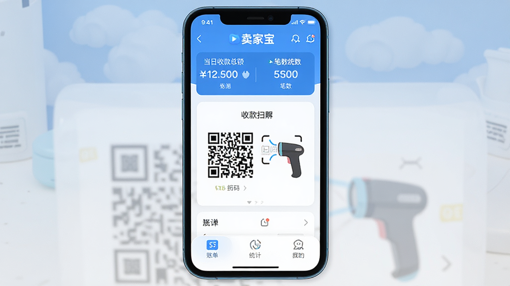 ���ұ�Ӧ��������ȫòչʾ������������һ�������ֻ�����Ļ����ʾ���ұ�APP��ҳ�������ǵ����տ��ܶ�ͱ���ͳ�ƣ��м�ͻ���տ��ά���ɨ��ǹͼ�꣬�ײ����˵���ͳ�ơ��ҵ�����ѡ����������ִ���ƽ������Ϊ��ɫ��������������ϸ��Բ�󣬻��ʸɾ����޶���Ԫ�أ�ͼƬ��������ʾ���֡����ұ�����