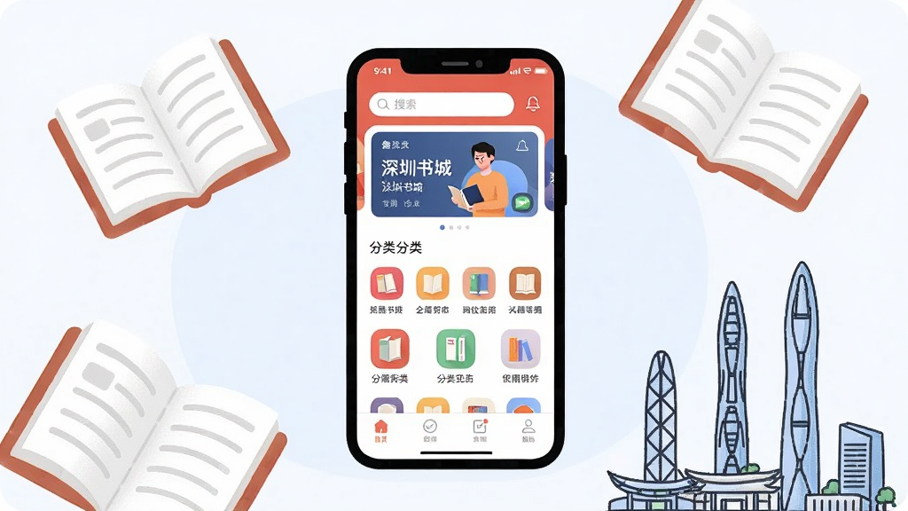 一张展示“深圳书城”App核心全貌的插画,主体为一部智能手机,屏幕显示深圳书城App首页界面,顶部有搜索框和轮播图,中间是书籍分类图标,底部为导航栏,手机周围散落着几本打开的书籍和深圳地标建筑简笔画,布局居中,排版简洁,风格现代扁平化,细节圆润,画质干净,无多余元素