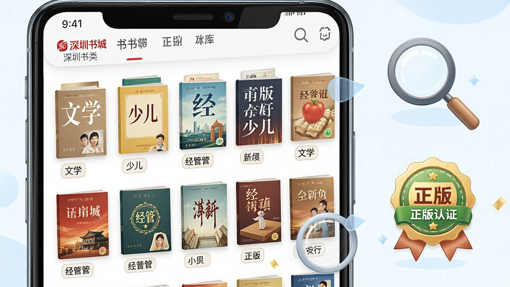 一张展示“深圳书城”App书籍分类与正版书库的插画,主体为手机屏幕特写,屏幕中显示整齐排列的书籍封面网格,涵盖文学、少儿、经管等分类标签,旁边有放大镜和正版认证徽章图标,布局清晰,排版规整,风格清新明亮,细节精致,画质干净,无多余元素