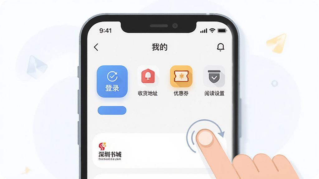 一张展示“深圳书城”App新手操作界面的插画,主体为手机屏幕显示App的“我的”页面,包含登录按钮、收货地址、优惠券、阅读设置等图标,旁边有手指点击的示意动作,布局清晰,排版有序,风格扁平化,细节简洁,画质干净,无多余元素