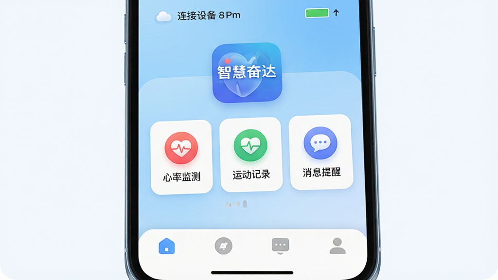�ǻ۷ܴ�App������չʾ���ֻ���Ļ������ʾ���ǻ۷ܴӦ��ͼ�������ƣ�����Ϊǳ��ɫ���䣬���沼�ּ�࣬������ʾ�������豸������������в�Ϊ�豸���ܿ�Ƭ�����������ʼ�⡢�˶���¼����Ϣ���ѵ�ͼ�꣬�ײ�Ϊ������������ִ���ƽ����ϸ��Բ�󣬻��ʸɾ��޶���Ԫ��