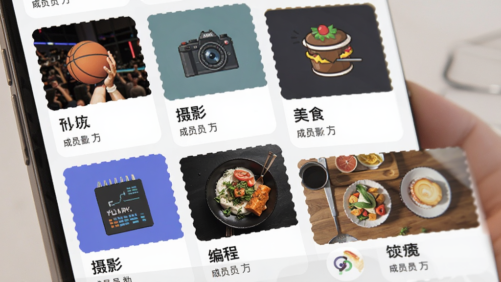 ����App��ȤȦ�ӽ��棬�ֻ���Ļչʾ�����ͬ�����Ȧ�ӿ�Ƭ������������Ӱ����̡���ʳ�ȣ�ÿ����Ƭ����Ȧ�����ƺͳ�Ա�������沼��Ϊ�ٲ���������ִ���ƽ���������������ֱ�ǩ��ȷ