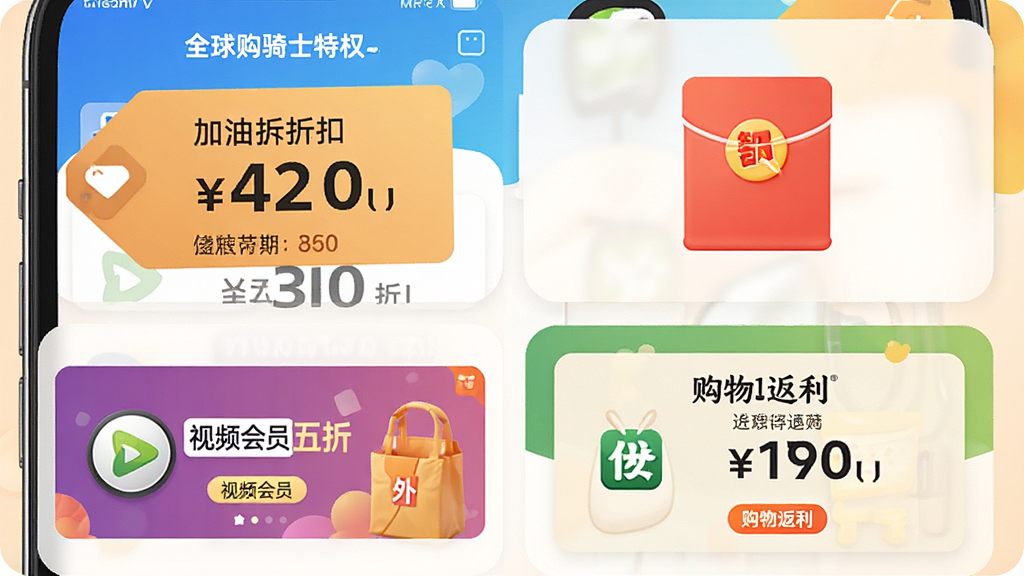 һ��չʾȫ����ʿ��ȨApp�ڶ����ۿ۳����ĺϳ�ͼ������Ϊ�ֻ���Ļ����Ļ��ͬʱ���ּ����ۿ۱�ǩ���������ͼ�ꡢ��Ƶ��Ա���ۺ���͹��ﷵ����Ƭ�ĸ�ģ�顣����Ϊ2x2�������У����Ϊ�������õĵ��̴����磬ϸ�ڰ��������������ۿ۱�ʶ��Ʒ��logo���������ʸɾ������ұ�����