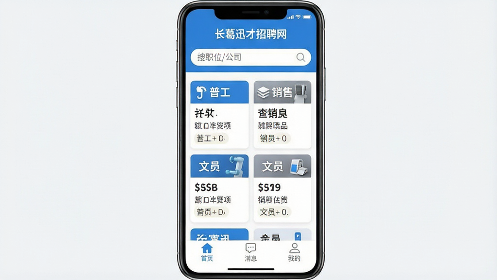 一张手机应用界面截图,画面中央是“长葛迅才招聘网”APP的首页,顶部搜索框写着“搜职位/公司”,中间展示长葛本地企业招聘信息卡片,包括普工、销售、文员等岗位,底部导航栏有首页、消息、我的三个图标,整体布局清晰,蓝白配色,风格现代扁平,画质干净无多余元素