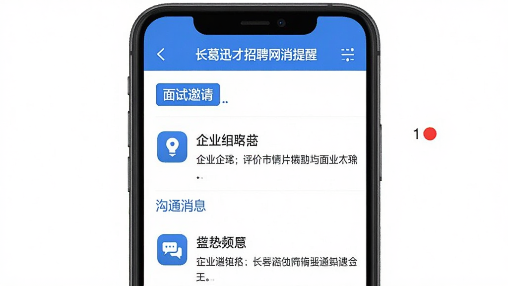 长葛迅才招聘网消息提醒界面,手机屏幕显示消息列表,上方是“面试邀请”分类,下方是“沟通消息”,每条消息有企业名称和简短内容,右上角有红点数量提示,背景白色,图标蓝色,风格清爽简洁,画质干净
