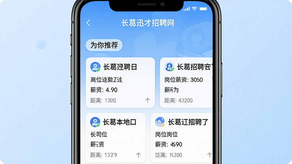 一张展示长葛迅才招聘网APP智能推荐功能的界面图,画面中手机屏幕显示“长葛迅才招聘网”的推荐页面,顶部有“为你推荐”标签,下方卡片列出长葛本地企业招聘岗位,每张卡片包含公司名称、岗位、薪资和距离,背景为浅蓝色渐变,风格简洁现代,画质清晰干净