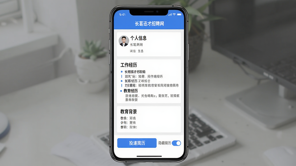 一张长葛迅才招聘网APP简历投递功能展示图,手机屏幕显示简历编辑页面,包含个人信息、工作经历、教育背景等模块,下方有一个醒目的“投递简历”按钮,旁边有“隐藏简历”开关,界面以蓝色和白色为主色调,布局规整,风格商务简洁,画质干净无多余元素