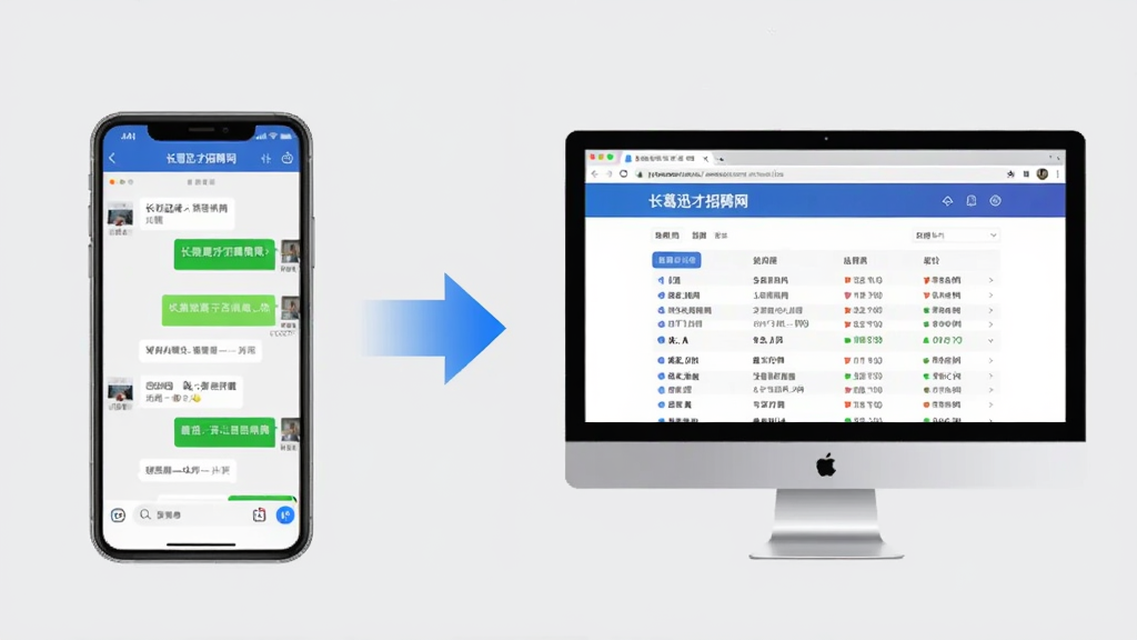 长葛迅才招聘网手机端和电脑端同步使用的示意图,左侧是手机屏幕显示APP聊天界面,右侧是电脑浏览器打开网页版显示岗位列表,中间有同步箭头连接,背景为浅灰色,风格科技简约,画质清晰干净
