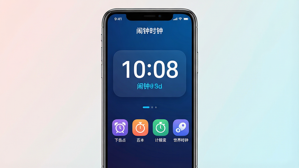 һ��չʾ������ʱ�ӡ�App���Ľ�����ֻ�����ͼ������������һ���ִ������ֻ�����Ļ����ʾ�š�����ʱ�ӡ��������棬����һ����ߴ������ʱ����ʾ�����·����������ӡ��������ʱ��������ʱ�ӵȲ�ɫ����ͼ�꣬�������������䱳��Ϊ���������ɫ������ɫ���֣�������ִ���ͼ��Բ�󣬻��ʸɾ��������޶���Ԫ�أ�����Ϊ��͵Ĵ�ɫ���䣬�������רҵ������App���Ӿ����